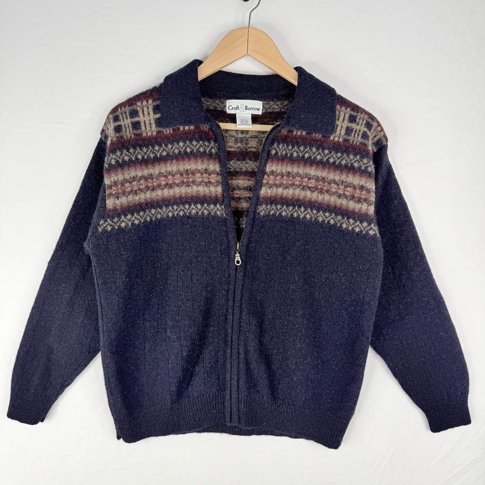 Vintage Croft & Barrow Women's SZ-L 100% Wool Norwegian Nordic Cardigan Sweater‎